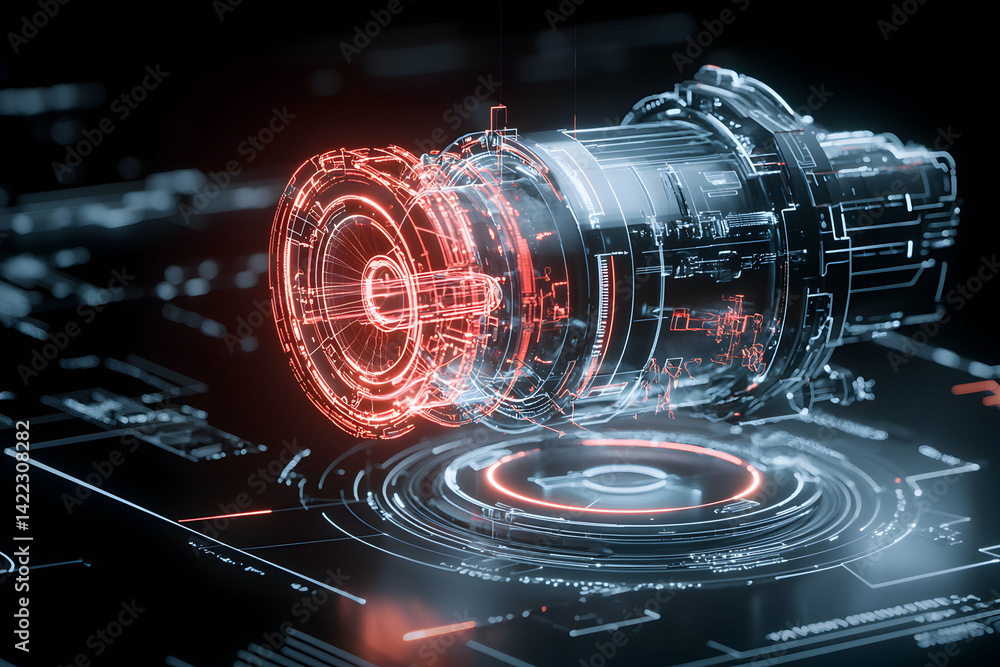 Poster futuristic engine design concept with glowing red details against a dark background. suitable for sc