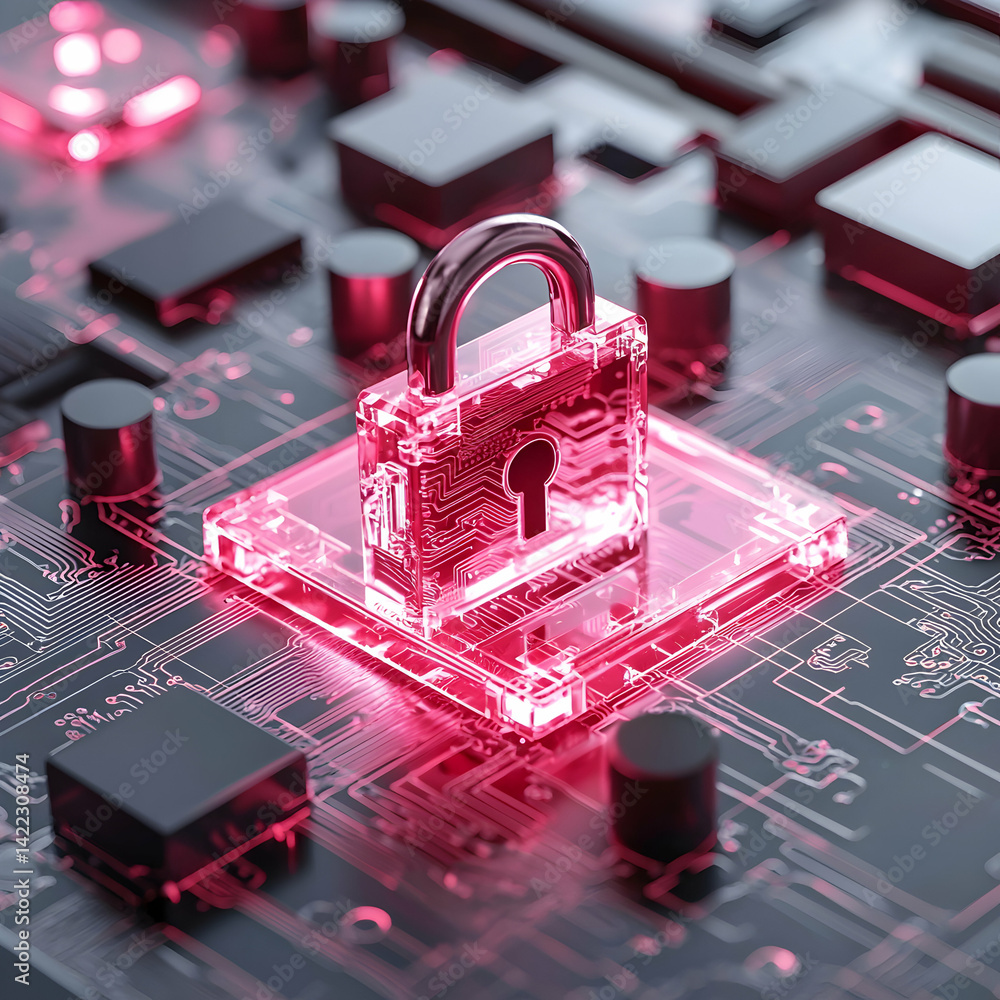 Poster image depicts a digital security concept with a glowing padlock on a circuit board. suggests data pr
