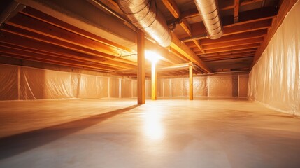 Sealed crawl space featuring moisture barrier and thermal insulation