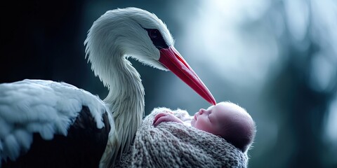 anthropomorphized stork carrying baby in blanket  © Brian
