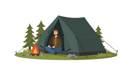 Man Camping Tent Fire Tree Nature