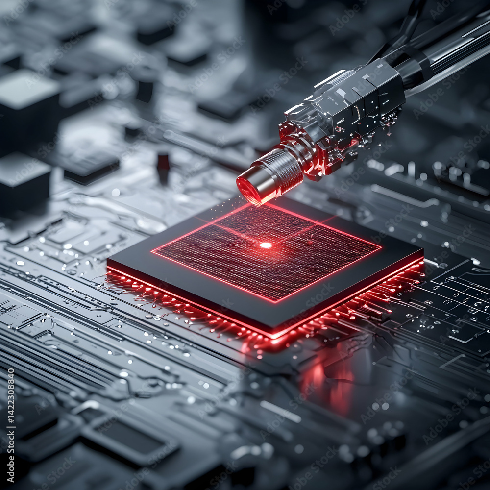 Poster a futuristic scene of a device examining a glowing processor. implies high-tech inspection or repair