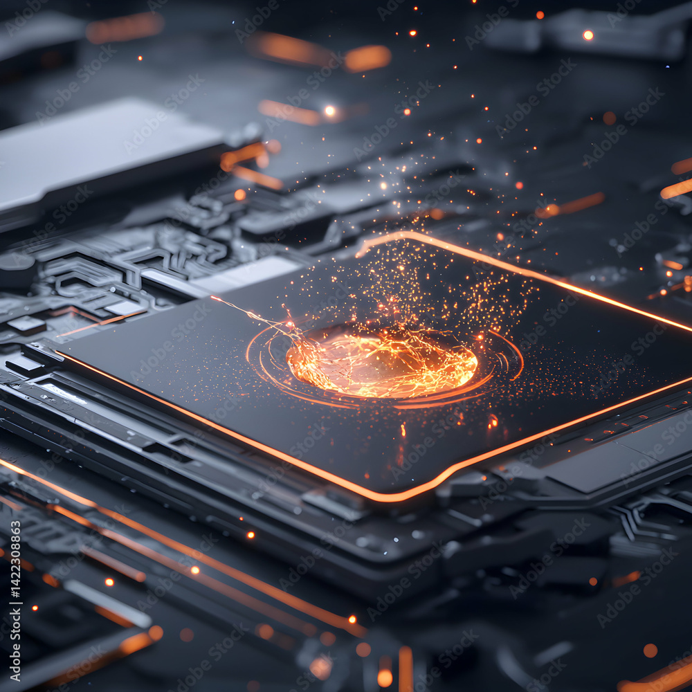 Poster futuristic image of a circuit board with glowing energy emanating. good for technology related conte