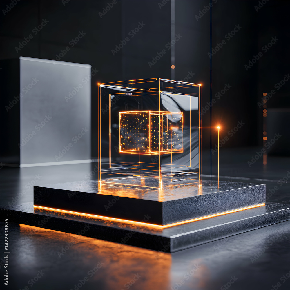 Poster a futuristic abstract digital art piece featuring glowing cubes with data visualization elements. it