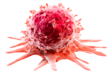 Microscopic view of a single cancer cell alarming red hues showing aggressive growth