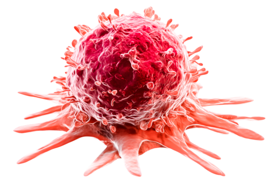 Microscopic view of a single cancer cell alarming red hues showing aggressive growth