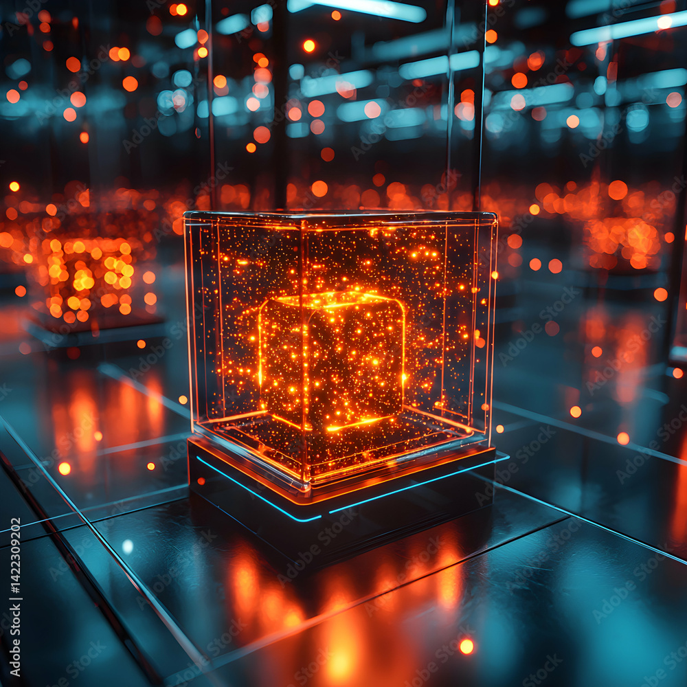 Poster a futuristic tech scene featuring glowing cubes in glass cases. this image can represent data storag
