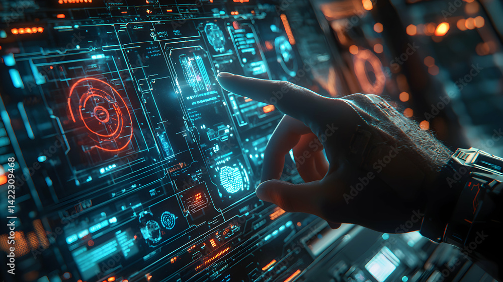 Poster a futuristic interface features a hand interacting with glowing digital displays. perfect for sci-fi