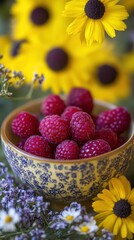 Bowl of Ripe Raspberries Surrounded by Vibrant Yellow Sunflowers and Delicate Purple Flowers in a Garden Setting