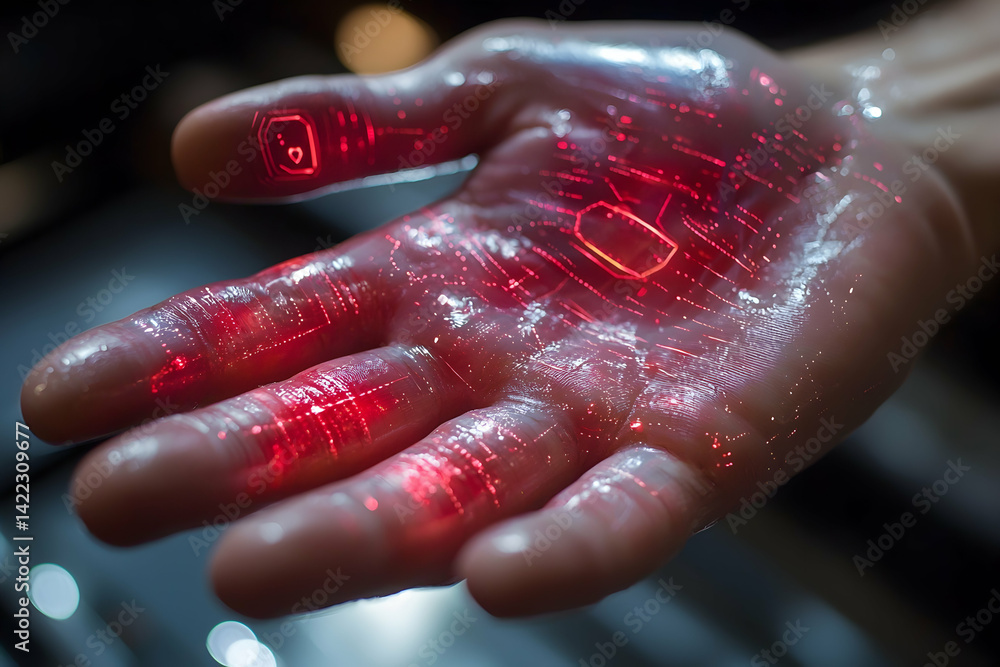 Aufkleber a futuristic hand glows with embedded tech. it could be a medical interface or a communication devic