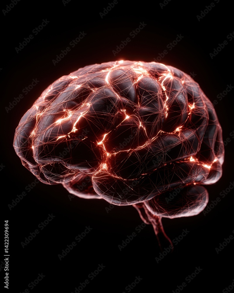 Poster glowing neural network brain model on black background showcasing artificial intelligence and human 