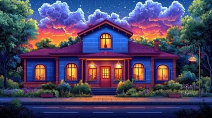 Fototapeta premium Serene Suburban Sunset: A Cozy House bathed in the Warm Glow of Twilight