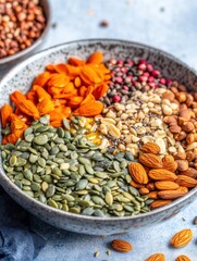 Fototapeta premium Colorful assortment of natural nuts and seeds in rustic bowl on blue background healthy food concept
