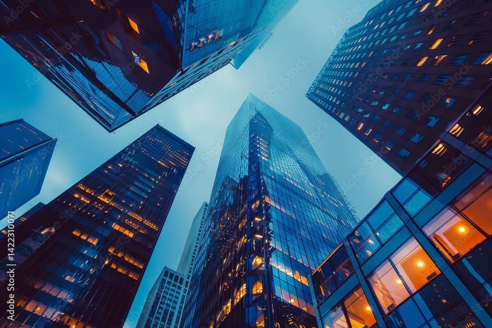 Poster an upward view of skyscrapers reflecting the city lights and the integration of finance and technolo