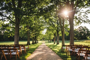 Obraz premium A treelined path leads to a wedding ceremony in a summer garden, with rows of chairs facing an open area, A tree-lined path leading to the ceremony