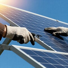 A technician wearing protective gloves installs or maintains solar panels under direct sunlight. This image highlights renewable energy technology and clean energy practices.