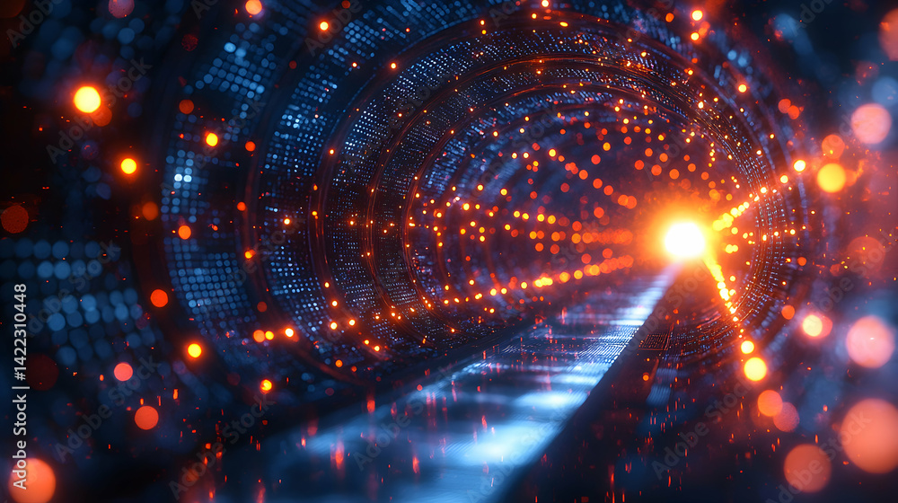Poster a futuristic tunnel with glowing lights perfect for sci-fi backgrounds or visualizations. great for 