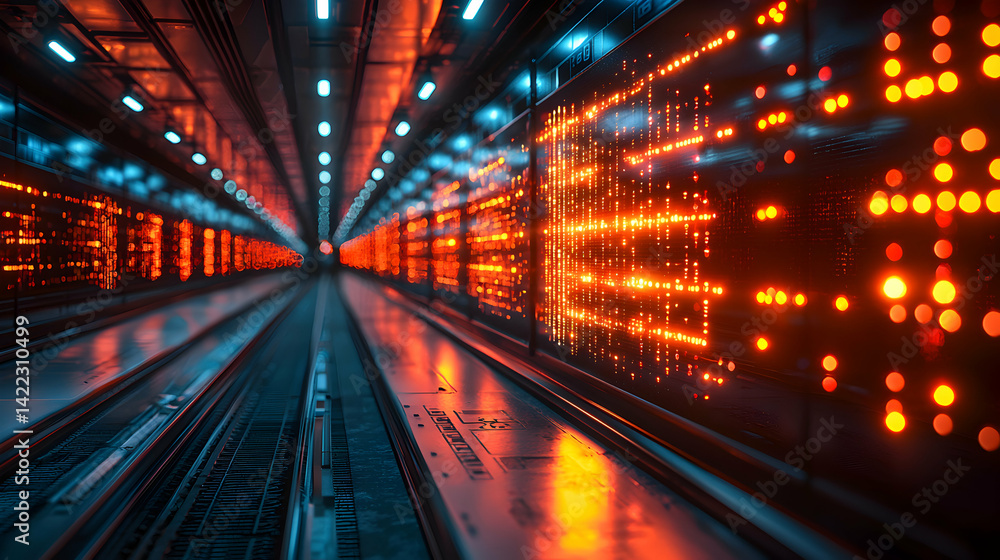 Poster futuristic tunnel with glowing orange lights alongside a track creates a digital highway or data cen