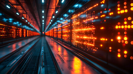 Fototapeta premium Futuristic tunnel with glowing orange lights alongside a track creates a digital highway or data center feel perfect for tech presentations or sci-fi concepts.