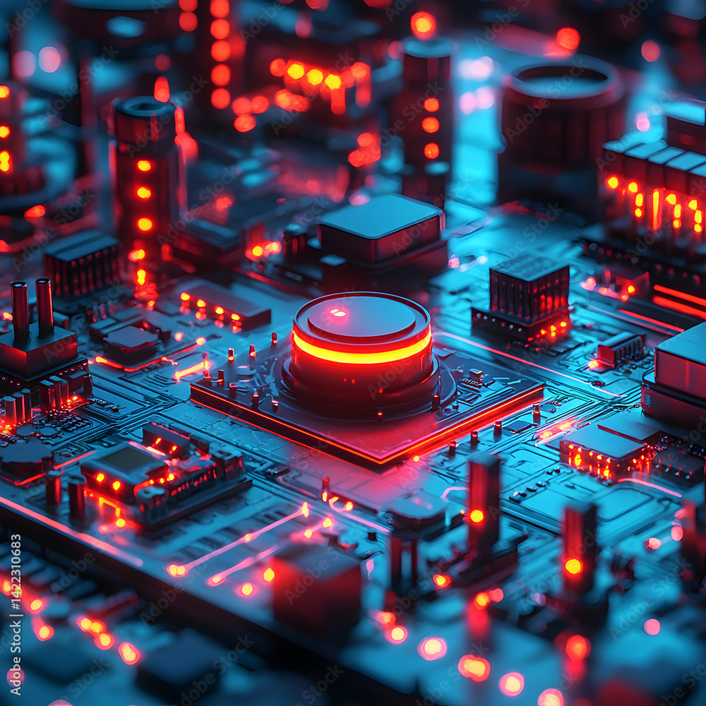 Poster a vibrant image of a glowing electronic circuit board showcasing intricate components and neon red l