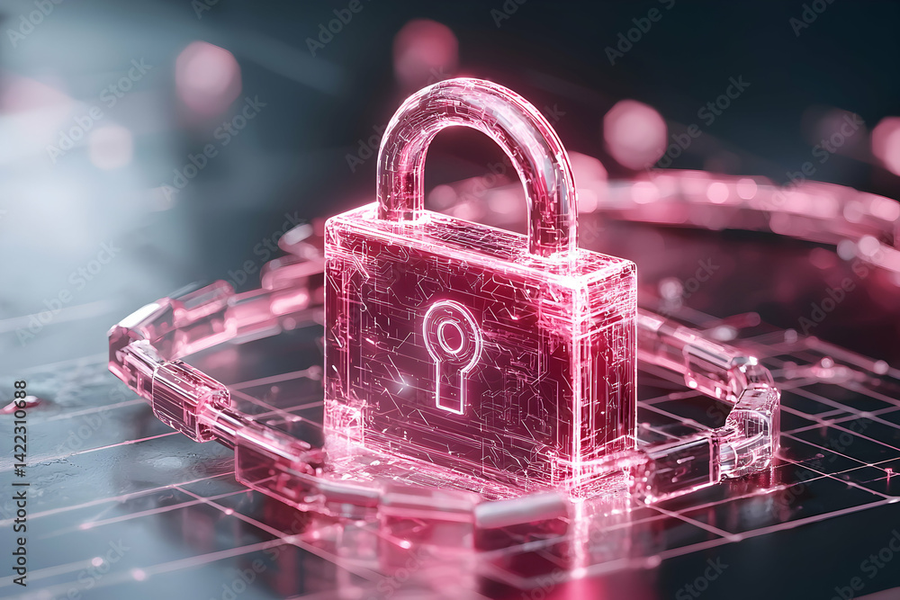 Poster cybersecurity concept featuring a digital padlock and network. illustrates data protection and onlin