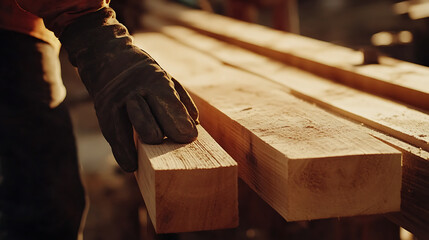 Carpenter's Hand in Glove Holding a Wooden Plank