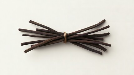   A close-up shot of several vanilla sticks displayed on a white background with a brown band at their ends