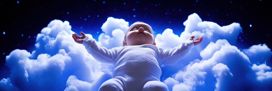 baby floating in space - young infant is weightless in the antigravity of outer space