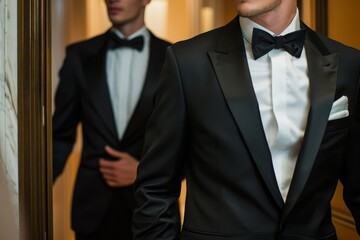 A man in a black tuxedo adjusts his bowtie while standing in front of a mirror, preparing for a formal event, Men with sharply dressed suits, looking ready for a formal event
