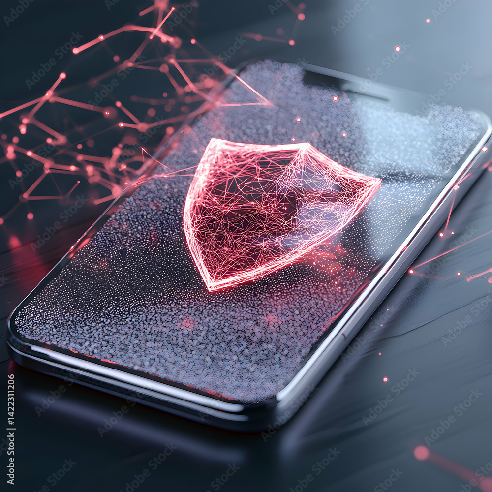 Poster smartphone security concept with a digital shield overlaid. represents data protection cybersecurity