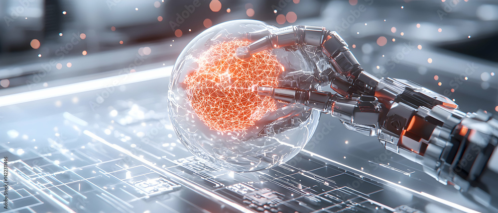 Poster futuristic technology visualization showcases a robotic arm handling a glowing sphere representing a