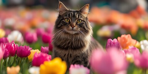 Fototapeta premium Cat Amidst Tulips