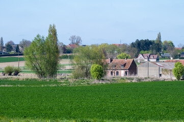 Farmland and industrial land cultivation at the countryside around Dottignies, Mouscron, Hainaut, Belgium