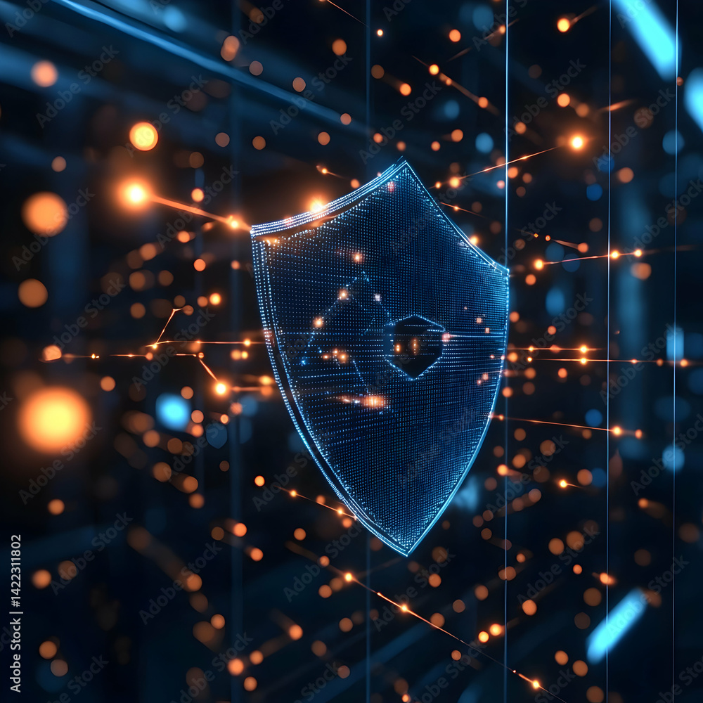 Poster a digital shield representing cybersecurity protection. ideal for illustrating data security online 