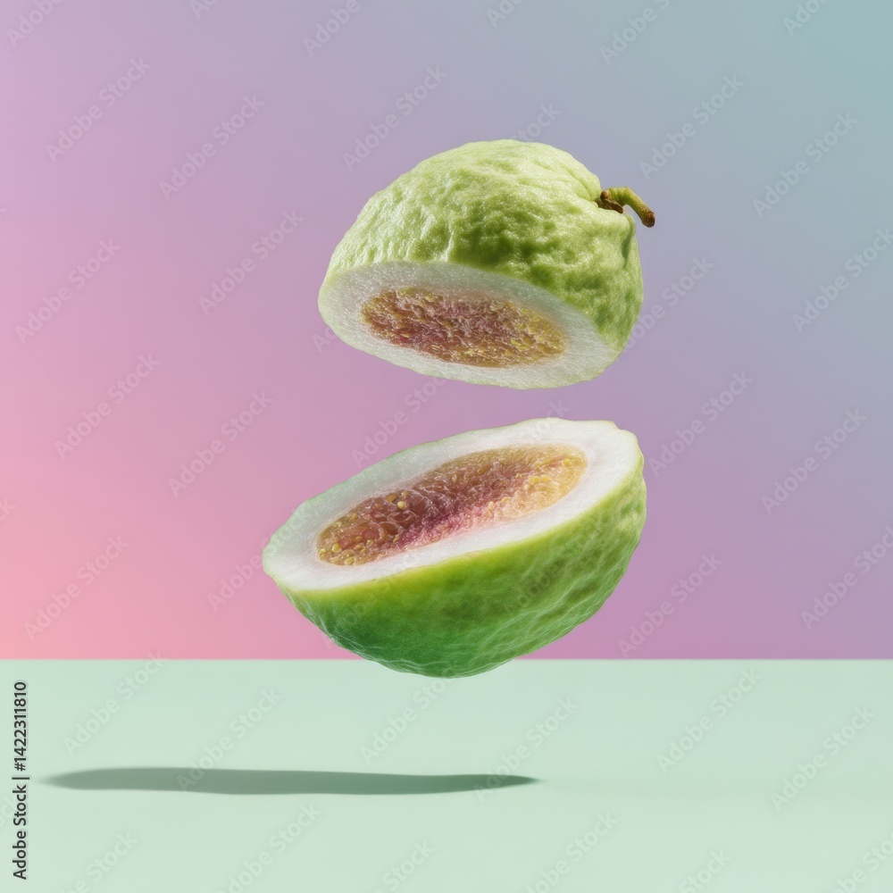 Poster sliced guava halves levitating against a gradient backdrop showcasing vibrant colors and fresh textu