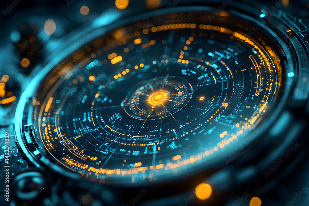 Poster futuristic digital circuit design featuring glowing orange and blue lines. suggests technology data 