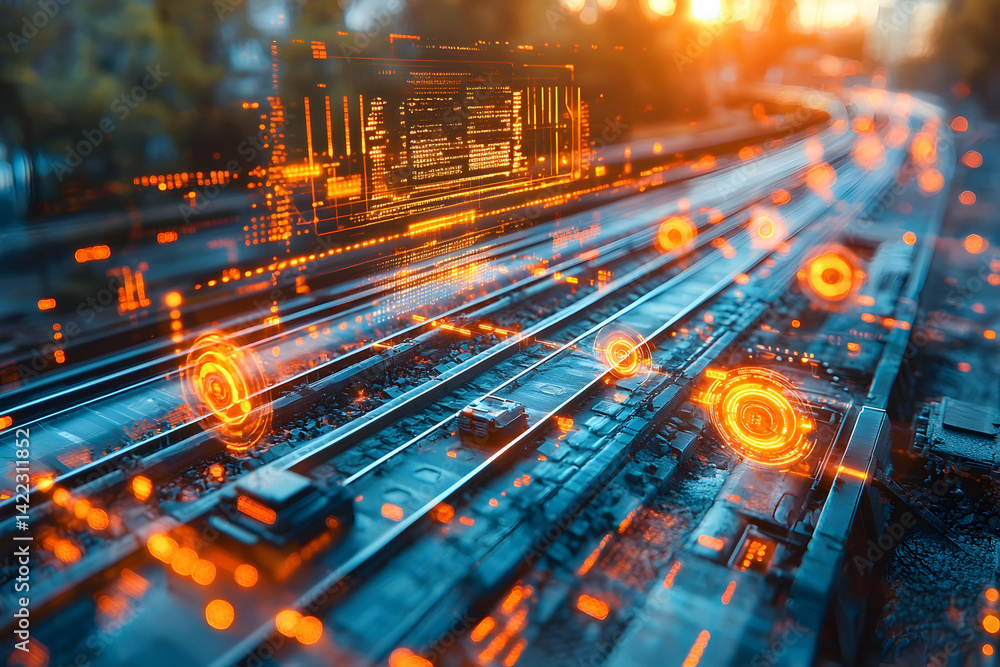 Poster futuristic railway scene depicting data flow and digital infrastructure. great for illustrating conc