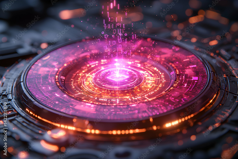 Poster abstract digital art featuring a futuristic circuit board with glowing pink energy. ideal for tech p
