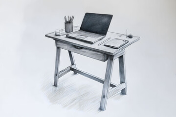 A Penciled Sketch of a Rustic Wooden Desk with a Laptop, Notebook, and Pencils