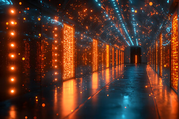 Obraz premium A futuristic hallway with glowing panels and scattered lights. Ideal for technology themed visuals or science fiction projects. It evokes a sense of data processing and innovation.