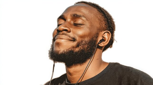 Relaxed Man Listening to Music with Earbuds  Peaceful Audio  Calm  Serene  Happy