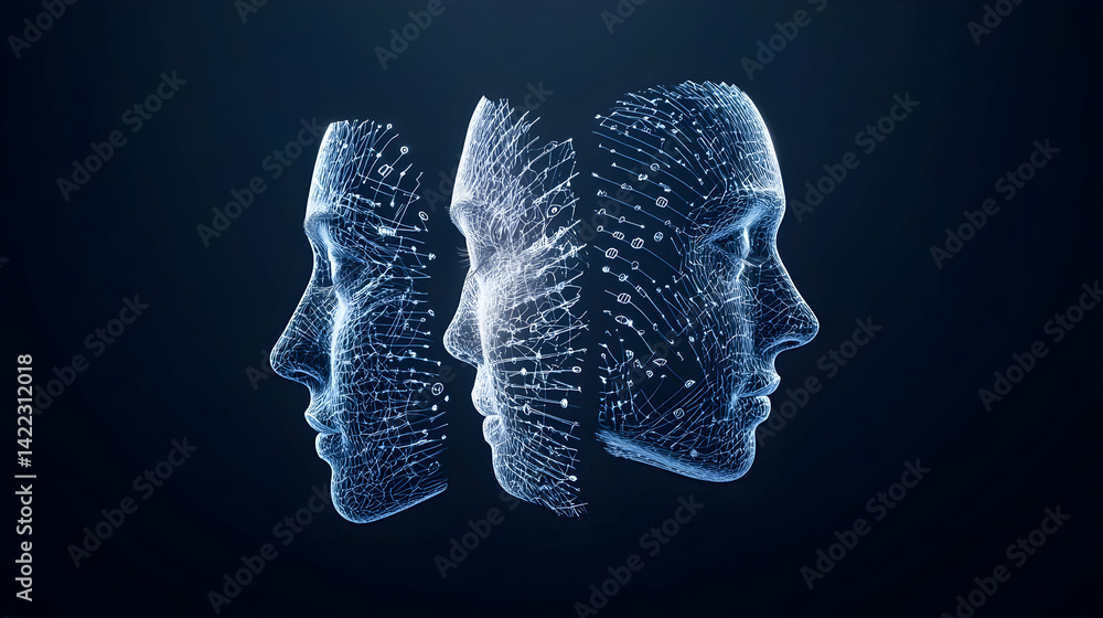 Poster depicts multiple wireframe faces against a dark background suggesting ai technology or digital ident