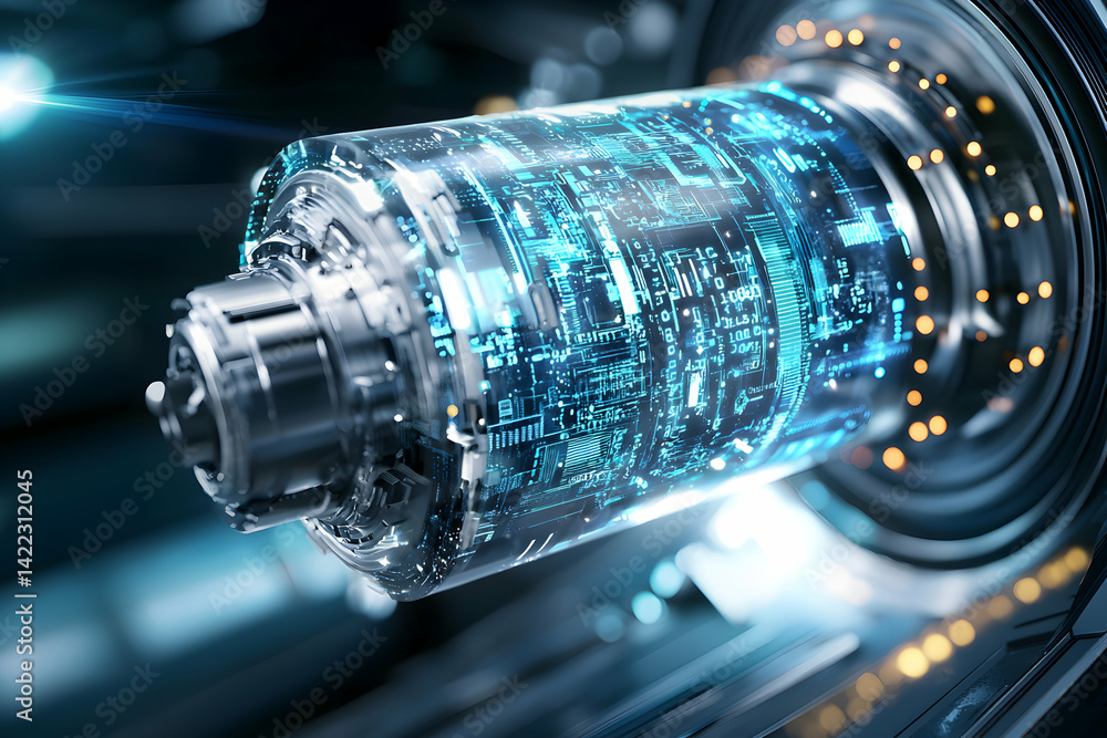 Poster futuristic cylindrical device with glowing blue circuitry and metallic components suggesting advance