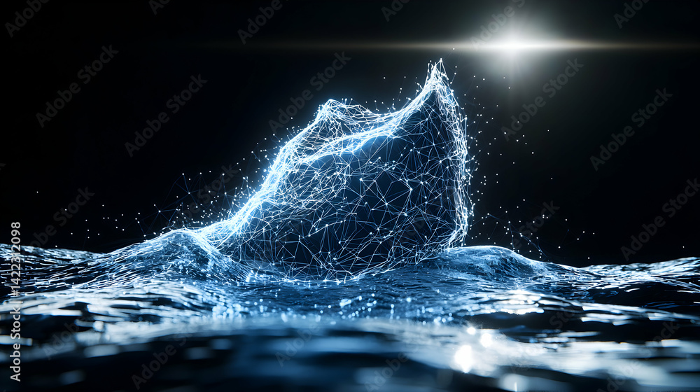 Poster abstract digital art. depicts a glowing interconnected network formation floating above a textured w