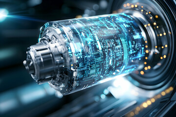 Fototapeta premium Futuristic cylindrical device with glowing blue circuitry and metallic components suggesting advanced technology or energy storage. Possible application in electric vehicles or power systems.