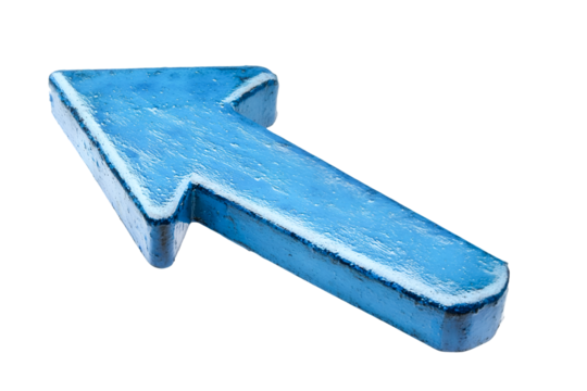 A weathered blue arrow points upward signifying progress and direction