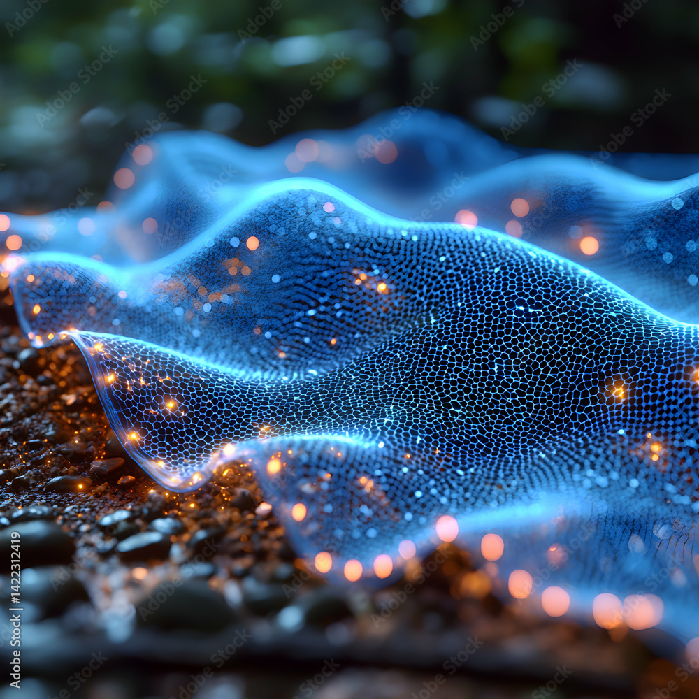 Poster abstract blue mesh with orange glowing dots over a gravel surface. suggests data visualization or a 