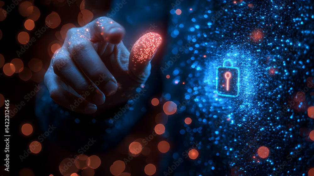 Poster a hand pointing at a digital lock icon. suggests cybersecurity data protection. perfect for tech pre