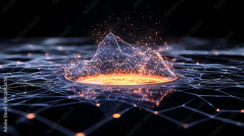 Poster abstract illustration of a digital mountain surrounded by glowing networks. suggests data visualizat