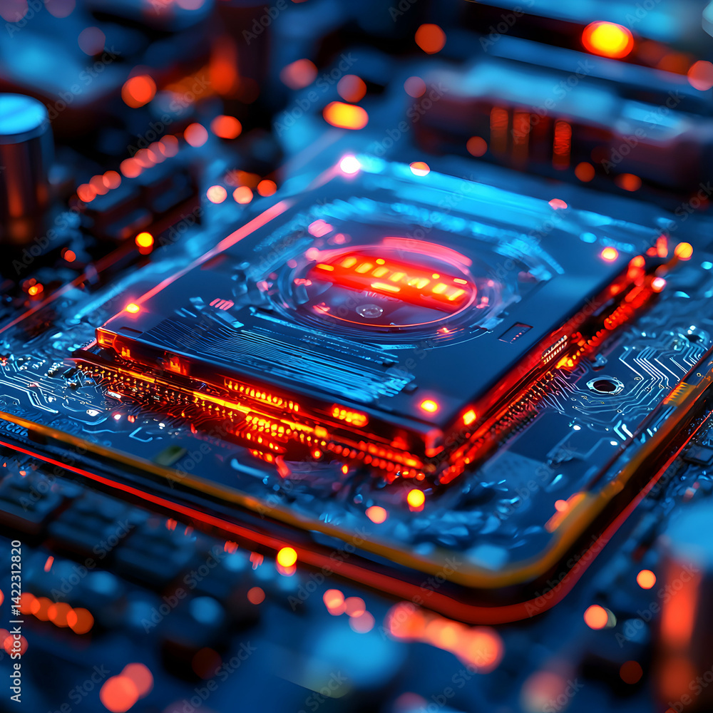 Poster a close-up of a glowing computer chip on a motherboard. suitable for tech presentations website bann